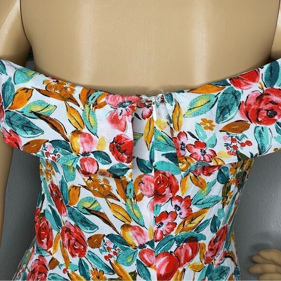 Forever 21 Watercolor Skater Floral Mini Dress Off Shoulder Green Red White L - Picture 7 of 13